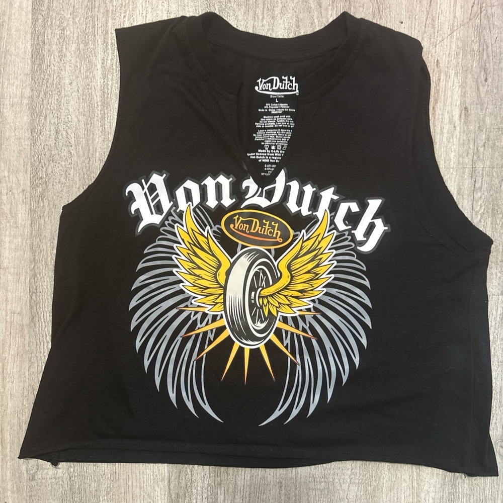 Von Dutch Black Tank with Yellow Winged Wheel Graphic